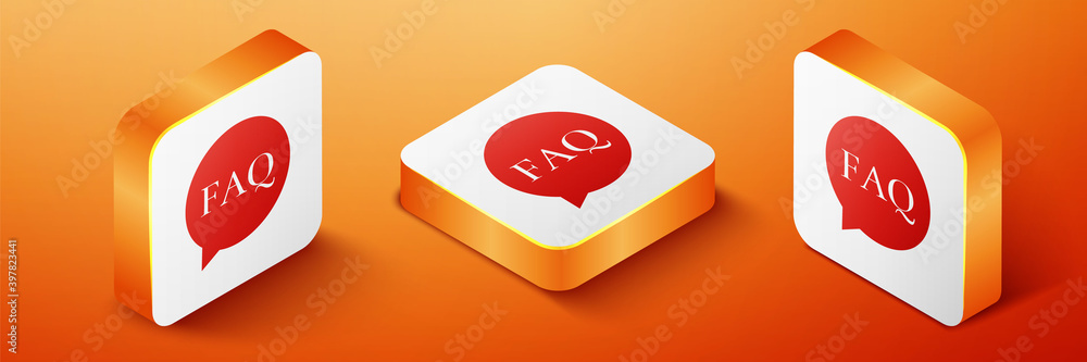 Poster isometric speech bubble with text faq information icon isolated on orange background. circle button 