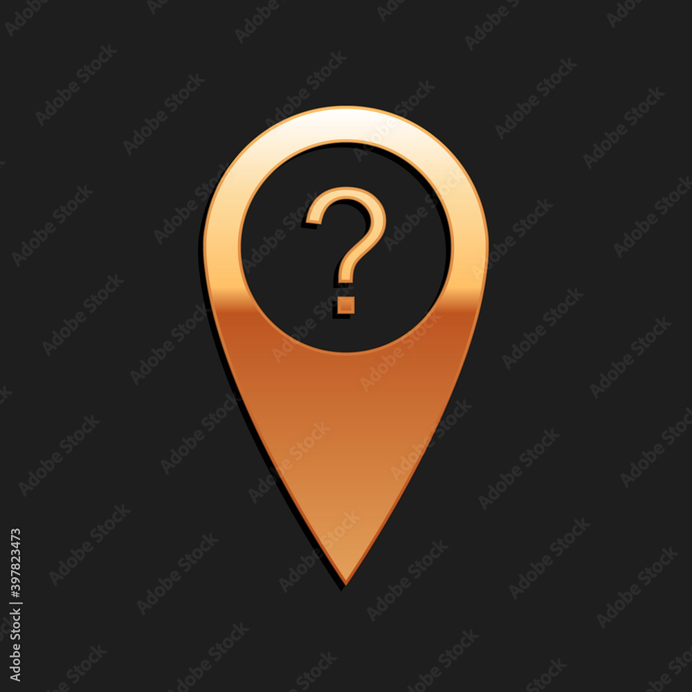 Fototapete gold map pointer with question symbol icon isolated on black background. marker location sign. for l