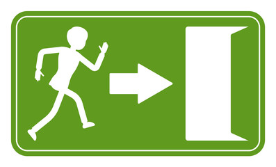 Emergency door exit sign, green safety evacuation indicator. Running man pictorial international representation, arrow showing the escape route, public facility. Vector flat style cartoon illustration