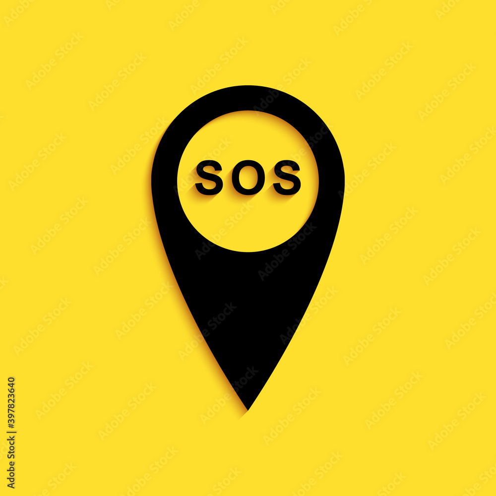 Poster black marker location with sos icon isolated on yellow background. sos call location marker. map poi