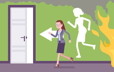 Fire emergency evacuation for woman during alarm. Alert building occupant leaving office in a life-threatening situation, potential hazard in a workplace. Vector flat style cartoon illustration