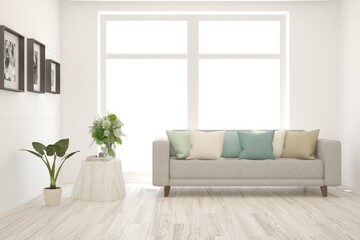 White living room with sofa. Scandinavian interior design. 3D illustration