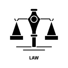 law icon, black vector sign with editable strokes, concept illustration