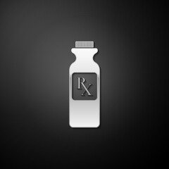 Silver Pill bottle with Rx sign and pills icon isolated on black background. Pharmacy design. Rx as a prescription symbol on drug medicine bottle. Long shadow style. Vector.