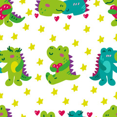 Colorful doodle pattern with dinosaurs. Seamless ornament with dinosaurs in love. Template for textile, wrapping paper, wallpapers