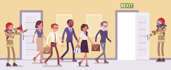 Building evacuation procedure, workplace emergency escape training. Drill for employees on leaving office in life-threatening situation under firemen control. Vector flat style cartoon illustration