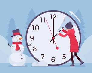 Woman shifting the clock for winter time. Coldest season of the year practice, advancing clocks during icy months. Vector flat style cartoon illustration, wonderful winter snowy scene