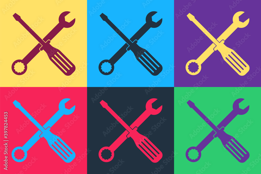 Poster pop art spanner and screwdriver tools icon isolated on color background. service tool symbol. vector