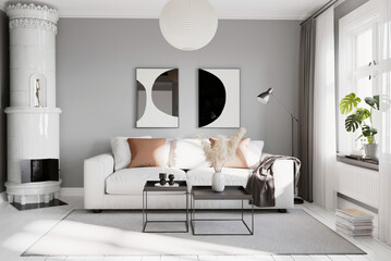 3d rendering of a white and grey elegant Scandinavian style bedroom with a ball lamp and pampas grass