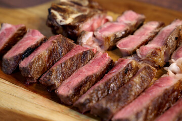 Short Rib. Delicious cut of meat located on the rib of the cow. In wooden background