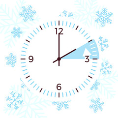 Obraz na płótnie Canvas Winter time practice of shifting the clock back. Setting the clocks during cold month. Vector flat style cartoon illustration on white background, beautiful icy and snowflake design