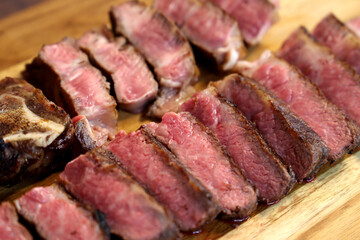 Short Rib. Delicious cut of meat located on the rib of the cow. In wooden background