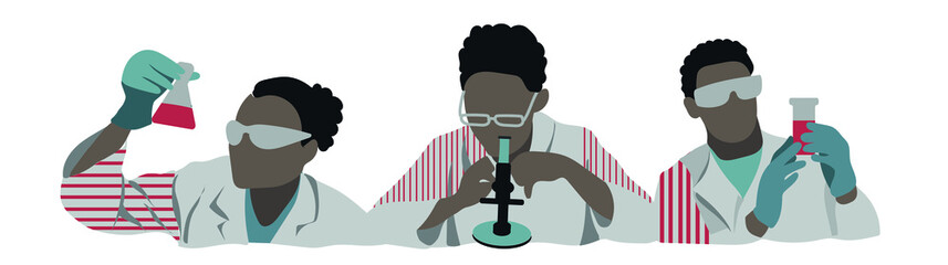 vector set of afroamerican persons, scientist in laboratory with bottle and microscope 