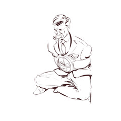 Drawing entitled 'Time constraints' about the rat race of modern business life. A man in a business suit is sitting bound up by a wrist watch and contracts stuffed in his mouth. 