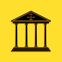 Obraz premium Black Courthouse building icon isolated on yellow background. Long shadow style. Vector.