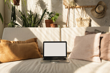 Laptop computer with blank screen on comfortable sofa in sunlight shadows. Minimal modern boho...