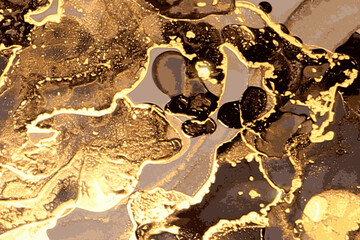Luxury black, honey, and gold stone marble texture. Alcohol ink technique abstract vector background. Modern paint with glitter. Banner, poster design template.