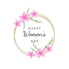 March 8 is international women's day. Greeting card with stylish wreath and cute pink flowers. Vector illustration on white background