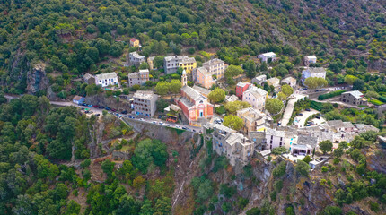 The medieval village of Nonza in Cap Corse is perched on a 100 meter high vertical cliff...
