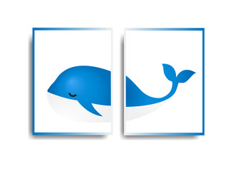 whale wall decoration, modern minimalist decor, blue color and white background