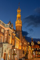 Festively illuminated shopping street in Alkmaar, the Netherlands.