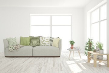 White living room with sofa. Scandinavian interior design. 3D illustration