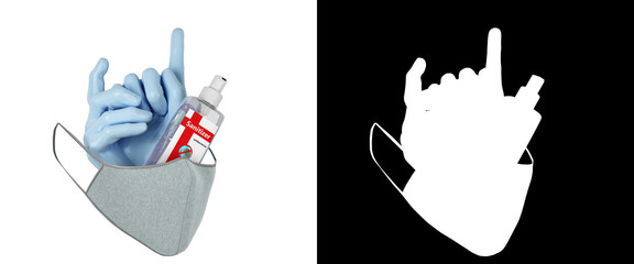 set of personal sanitary protection mask gloves and sanitizer 3d render on white Alpha include