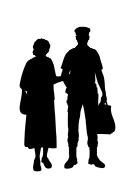 Silhouette policeman helping grandmother