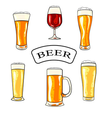 Set of glasses with beer isolated on white background. Vector illustration.