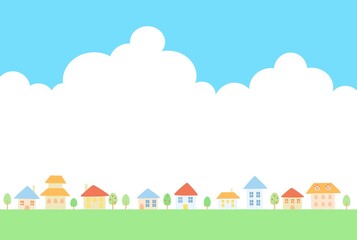 入道雲とかわいい街並みの風景イラスト