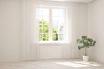 Fototapeta premium White empty room with summer landscape in window. Scandinavian interior design. 3D illustration