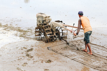 Indonesia Farmer plowing a rice field using tiller tractor.