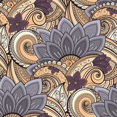 Seamless Pattern with Vintage Floral Motifs. Endless Texture with Flowers and Leaves. Nature Inspired Ornament. Swatch for Fabric Textile, Wrapping Paper, Wallpaper. Vector Contour Illustration