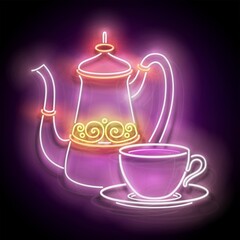 Glow Decorated Turkish Coffee Pot. Cafe Label, Traditional Drink. Neon Poster, Flyer, Banner, Invitation. Glossy Background. Vector 3d Illustration