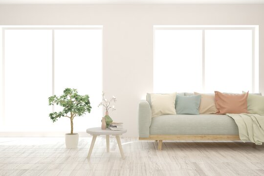 White living room with sofa. Scandinavian interior design. 3D illustration