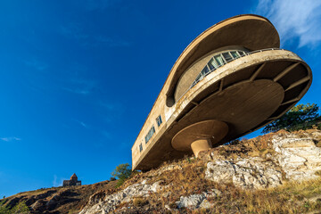 Soviet brutalist architecture and Sevanavank monastic complex along Lake Sevan in Armenia.