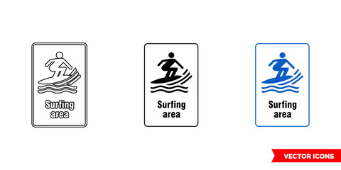 Surfing area general notice sign icon of 3 types color, black and white, outline. Isolated vector sign symbol.