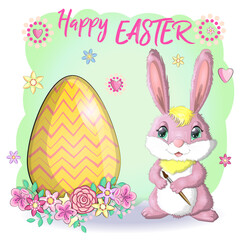 Easter bunny rabbit cartoon character with basket full of painted Easter eggs