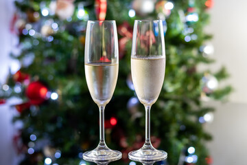 champagne glasses and christmas tree