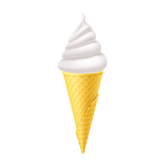 Delicious Vanilla Ice Cream in Yellow Waffle Cone. Street Fast Food, Sweet Milky Dessert Creative illustration Isolated on White Background.