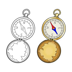 Compass outline and golden compass. Object for tourism design. Cartoon style. Hand drawing. Vector illustration.