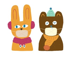 マスクで風邪予防するウサギとクマ