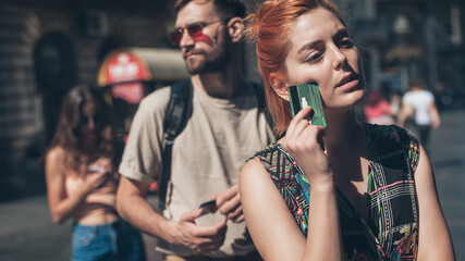 Line to ATM. Group of people waiting to withdraw money to bank card using ATM cash machine. Bank...