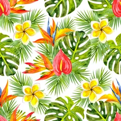 Deurstickers Seamless watercolor pattern with tropical flowers and leaves. Pattern with strelitzia, heliconia, monstera leaves, palm leaves, anthurium and plumeria on a white background. © Maria Kviten