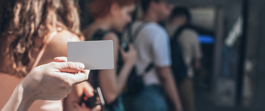 Line to ATM. Group of people waiting to withdraw money to bank card using ATM cash machine. Bank service. Finance, transactions, credit card, money withdraw, currency concept
