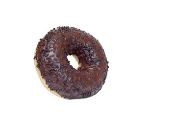 Chocolate Donut with sprinkles, on a white background.