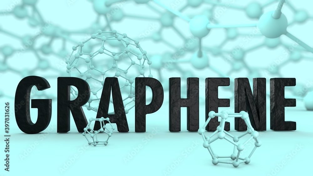 Aufkleber 3d rendering of a blue background with the text graphene and a crystal graphene lattice. the idea of