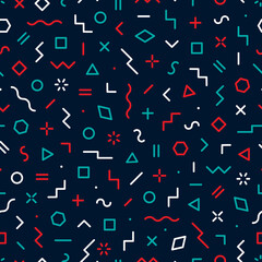 Memphis seamless pattern. Abstract geometric background. Pattern for every day design. Modern hipster elements. Graphic shapes circle, line, square and triangle. Fashion element abstract shape. Vector