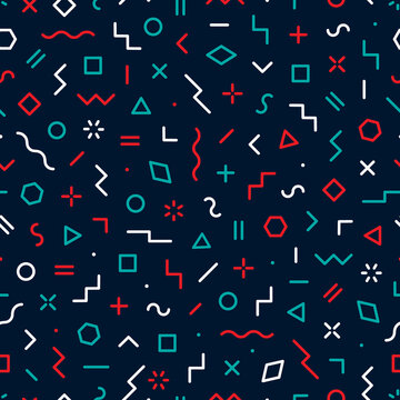 Memphis seamless pattern. Abstract geometric background. Pattern for every day design. Modern hipster elements. Graphic shapes circle, line, square and triangle. Fashion element abstract shape. Vector