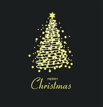 merry christmas and happy new year. Gold Christmas tree with garlands on a dark shiny background. Happy Christmas card and invitation. Vector illustration